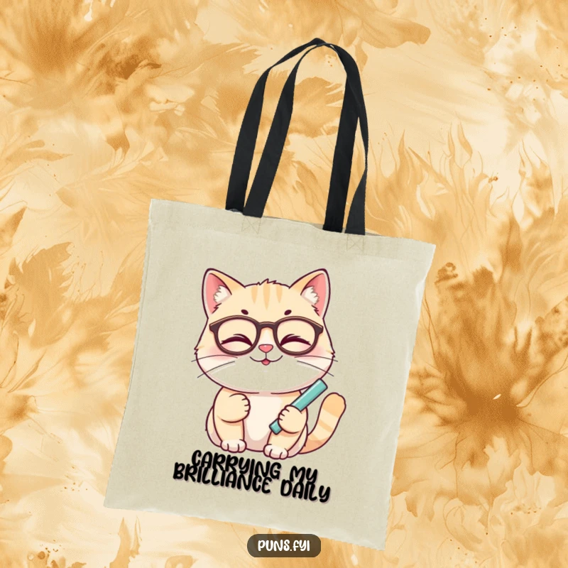 Funny cat tote bag with a smiling cat wearing glasses, winking and holding chalk, ready for errands.