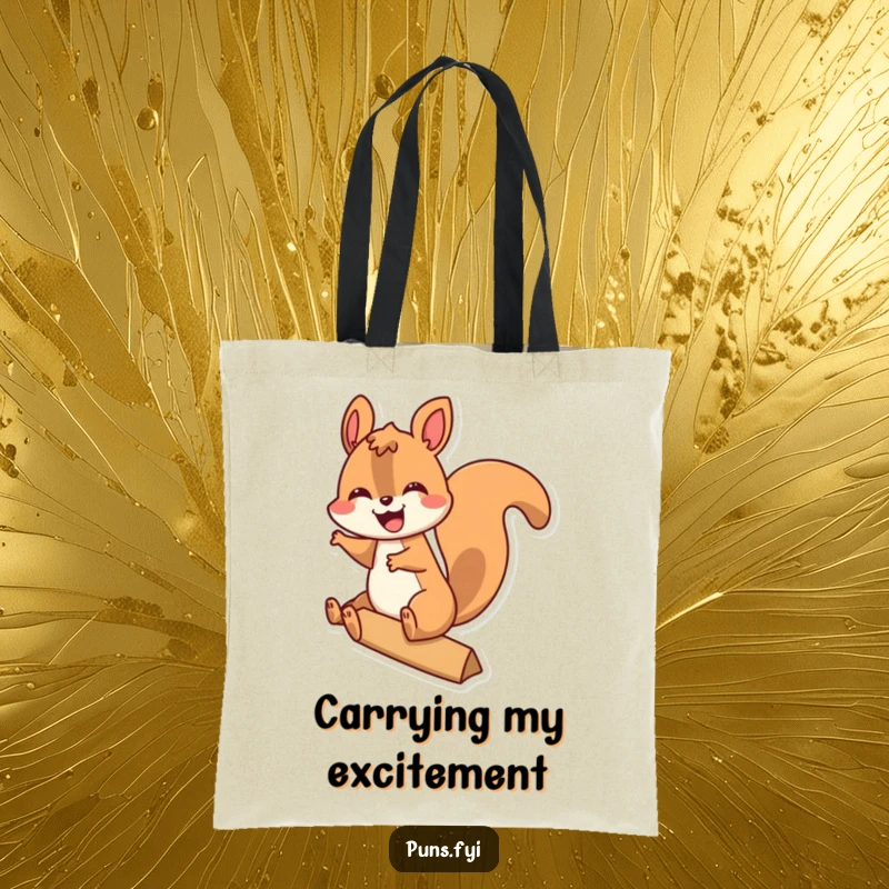 Funny tote bag with a joyful squirrel riding a huge exclamation point, ideal for carrying essentials with flair.