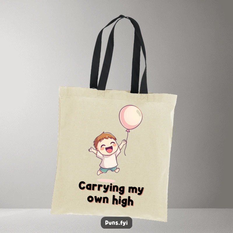 Funny Tote Bag showcasing a smiling character jumping for joy, reaching for a floating balloon, a cheerful and practical accessory.