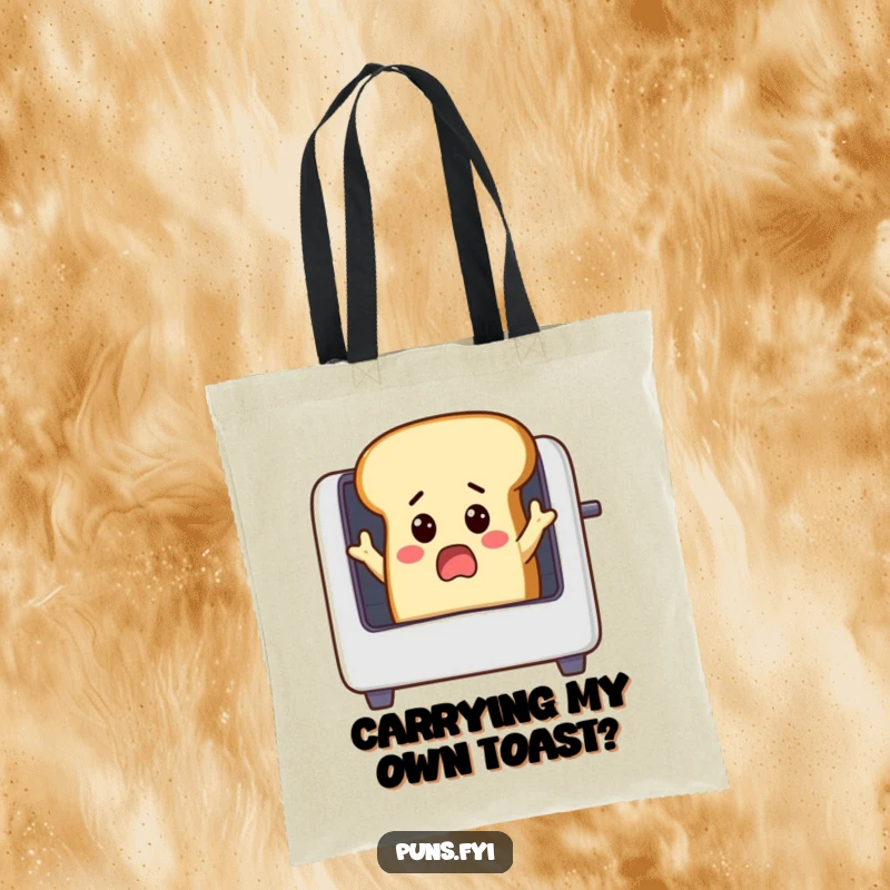 Funny surprised loaf of bread with small arms reaching into a toaster, durable tote bag, showcasing a comical breakfast adventure.