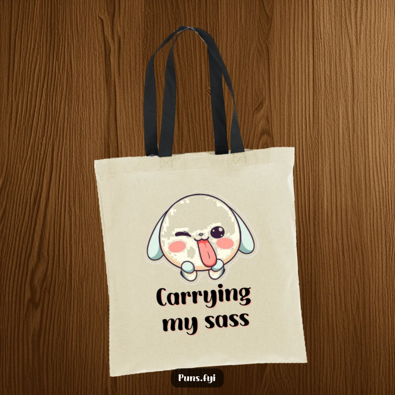 Funny tote bag with a playful character sticking its tongue out and winking, perfect for carrying items with a cheeky attitude.