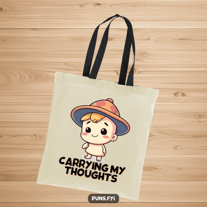 Funny tote bag featuring a happy character wearing a silly, oversized thinking cap, perfect for carrying big ideas and essentials, a fun funny gift.