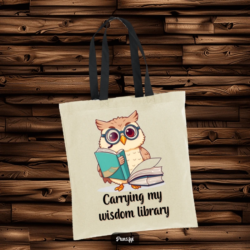 Funny owl tote bag with a happy owl wearing a monocle, pointing at a large book, ideal for carrying books with scholarly humor.