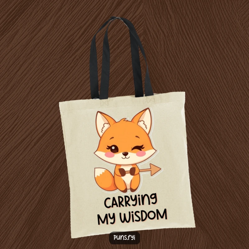 Funny tote bag with a slyly winking fox character holding a crossed-out arrow, denoting smart choices and playful rejection.
