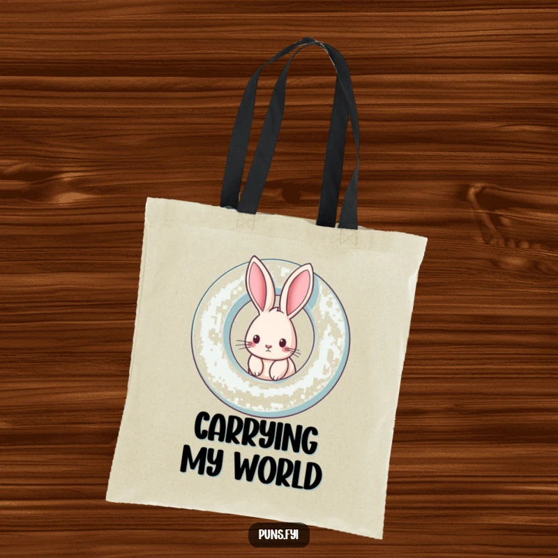 Funny rabbit tote bag with a curious rabbit peeking from a giant spinning letter, ideal for carrying items with playful charm.