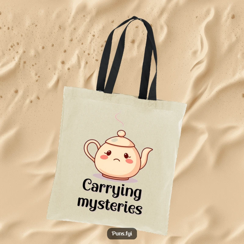 Funny tote bag showcasing a confused teapot with a question mark spout, ideal for carrying your thoughts and essentials.