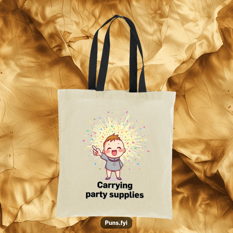Funny tote bag with an enthusiastic character celebrating amidst a large, exploding confetti burst, perfect for carrying joy.