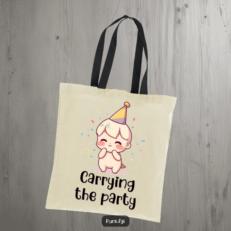 Funny tote bag featuring a character in a party hat blowing confetti, perfect for carrying essentials with a festive flair.