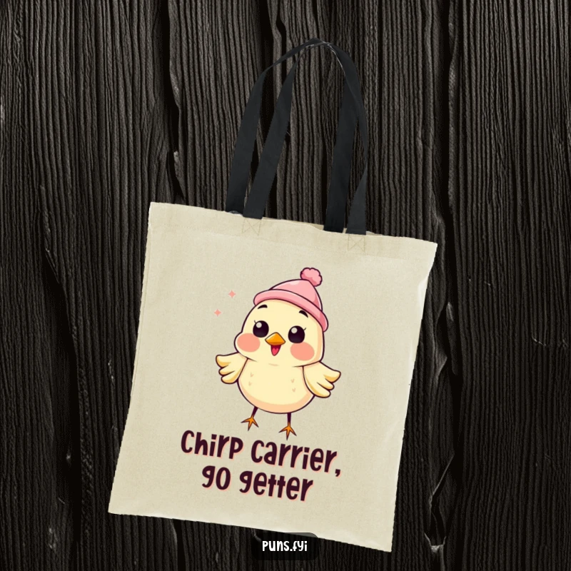 Funny tote bag featuring a happy bird wearing a small hat, chirping joyfully, perfect for carrying daily essentials.