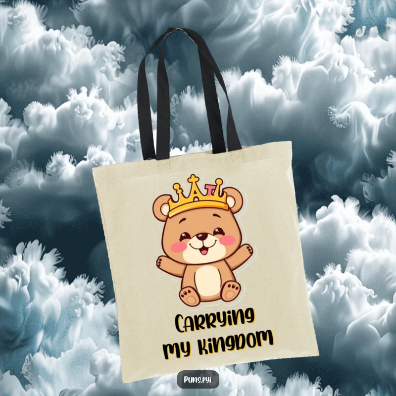 Funny goofy bear cub wearing a majestic crown made entirely of colorful alphabet letters, looking adorable on this practical tote bag.
