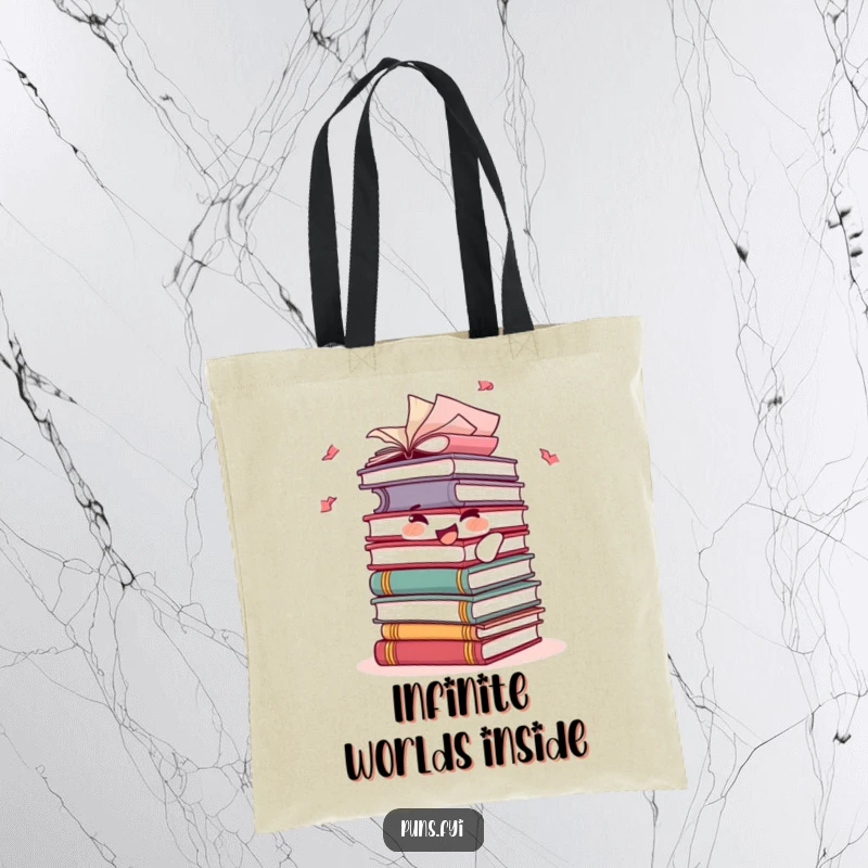 Funny tote bag with a joyful stack of books character whose pages flutter playfully, carrying literary treasures with a smile.