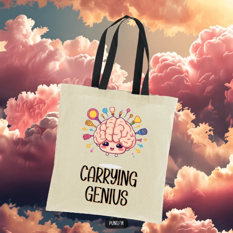 Funny brain idea tote bag showcasing a cute cartoon brain character bursting with colorful ideas. Carry your creativity.