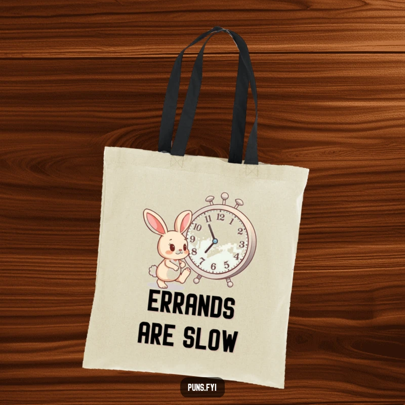 Funny tote bag featuring an impatient bunny tapping its foot near a large clock, great for carrying essentials with humor.