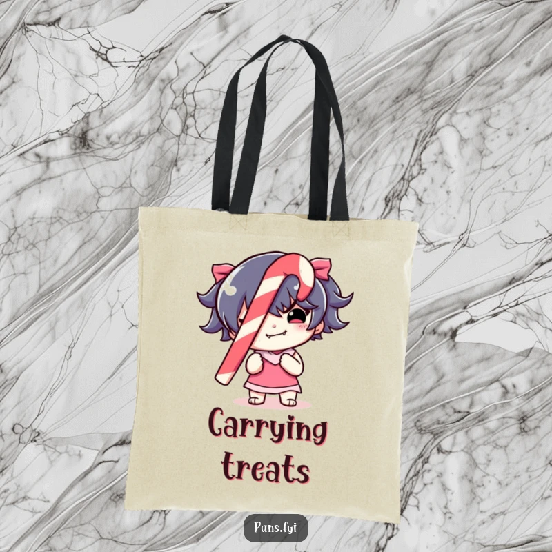 Funny Tote Bag featuring a mischievous character holding a colorful, striped candy cane, ideal for carrying holiday items with humor.