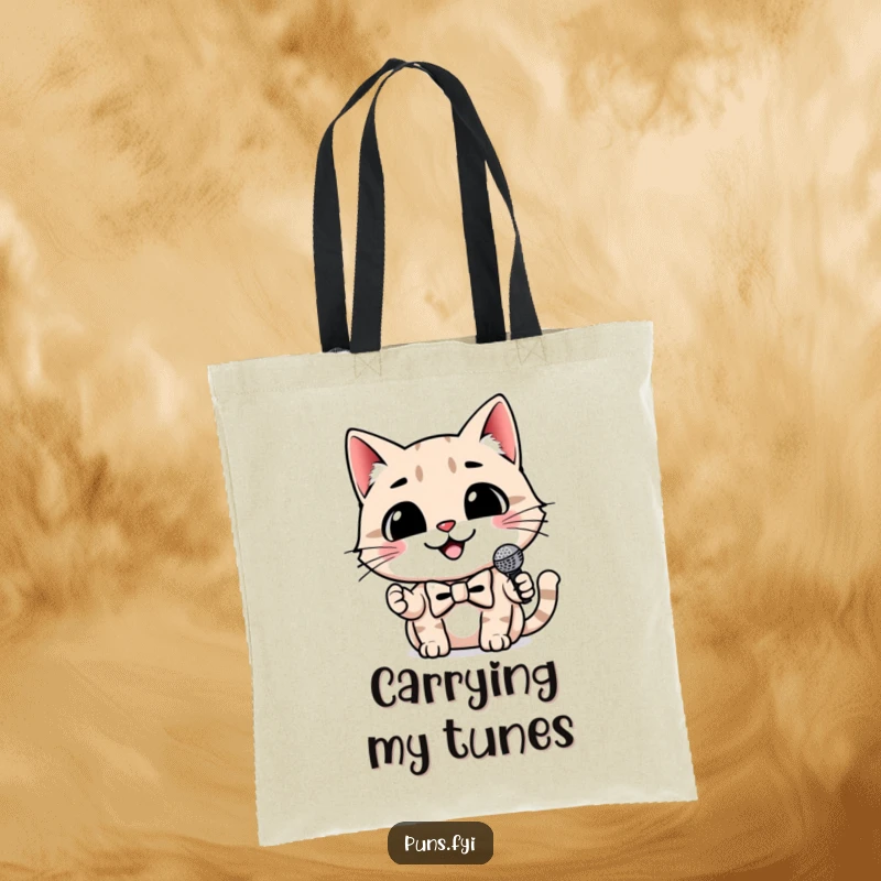 Funny cat tote bag with a smiling cat wearing a bowtie and holding a tiny microphone, a stylish and humorous accessory.