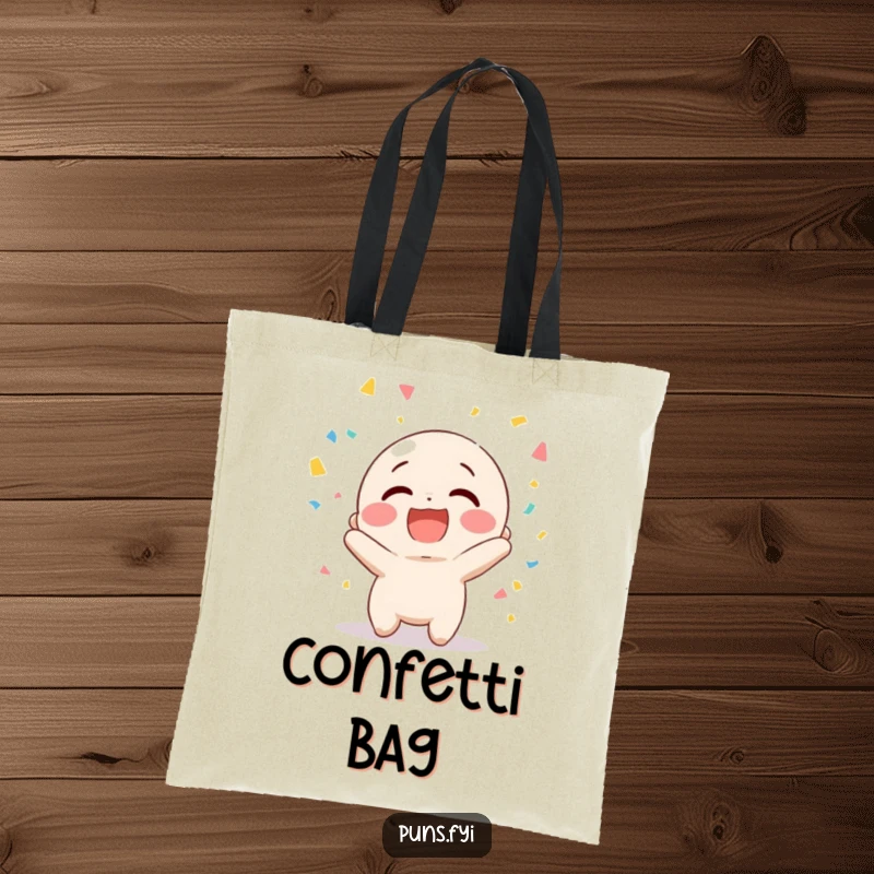 Funny tote bag showcasing a happy character giggling while tossing confetti, ready to bring festive cheer everywhere.