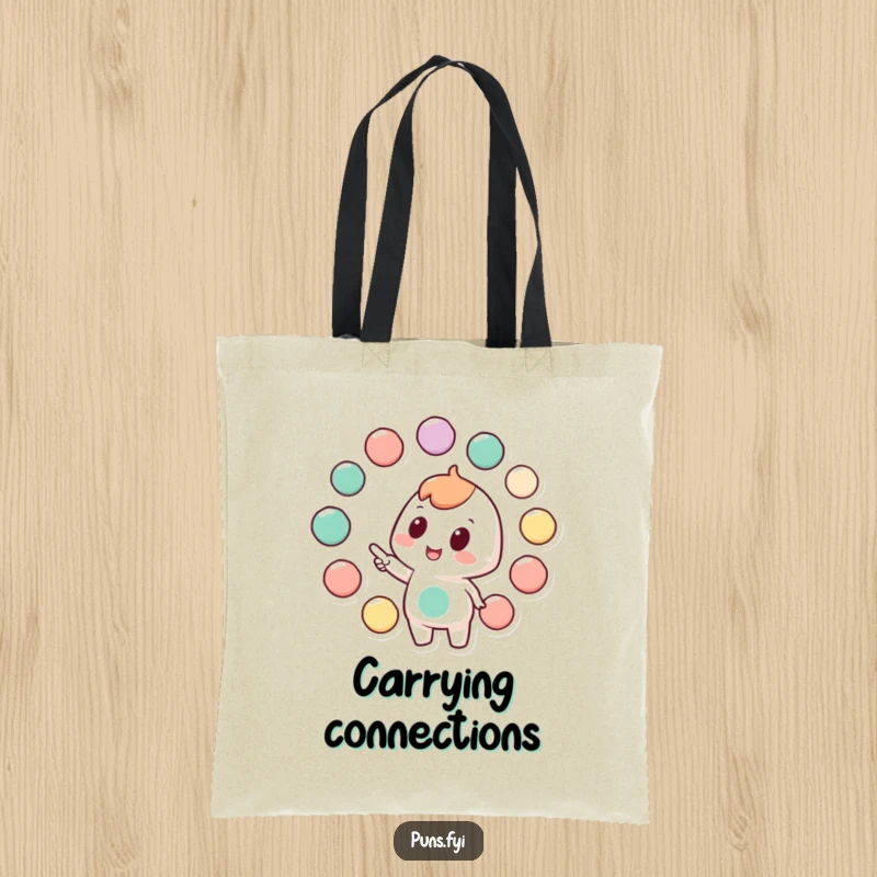 Funny tote bag with a character enthusiastically pointing at interconnected circles, great for carrying plans and ideas.