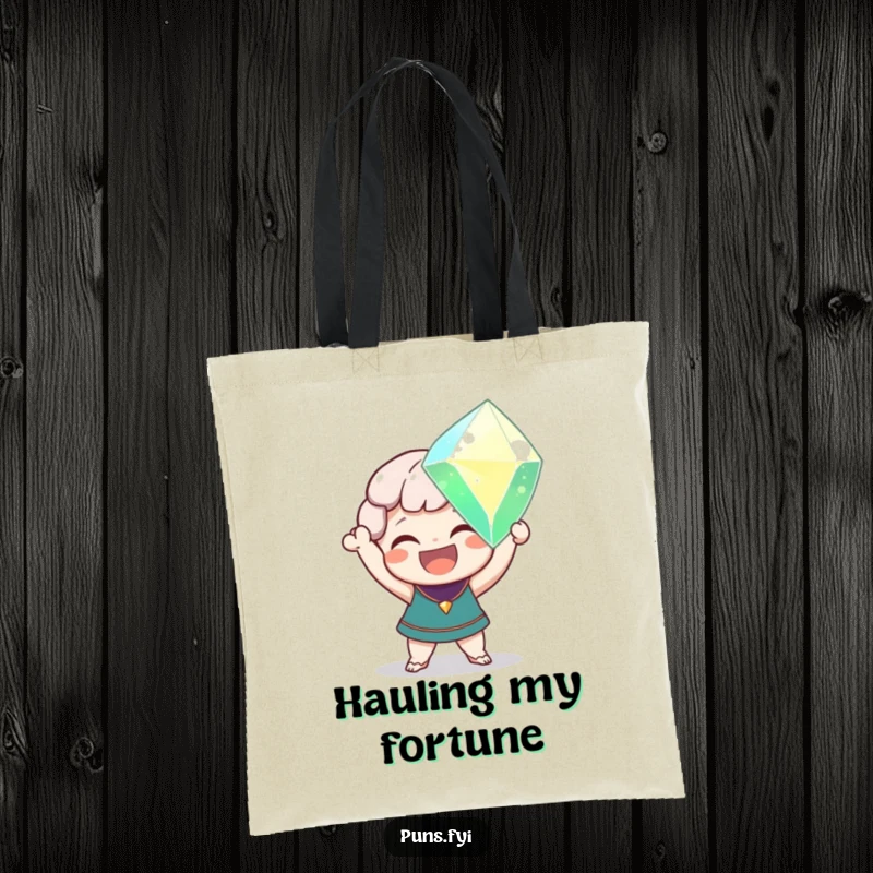 Funny tote bag with a delighted character proudly displaying a giant, sparkling gem, symbolizing luck and successful treasure hunting.