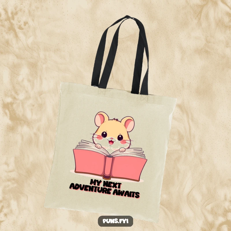 Funny tote bag featuring a happy hamster peeking from behind a large open book, ideal for carrying literary treasures.