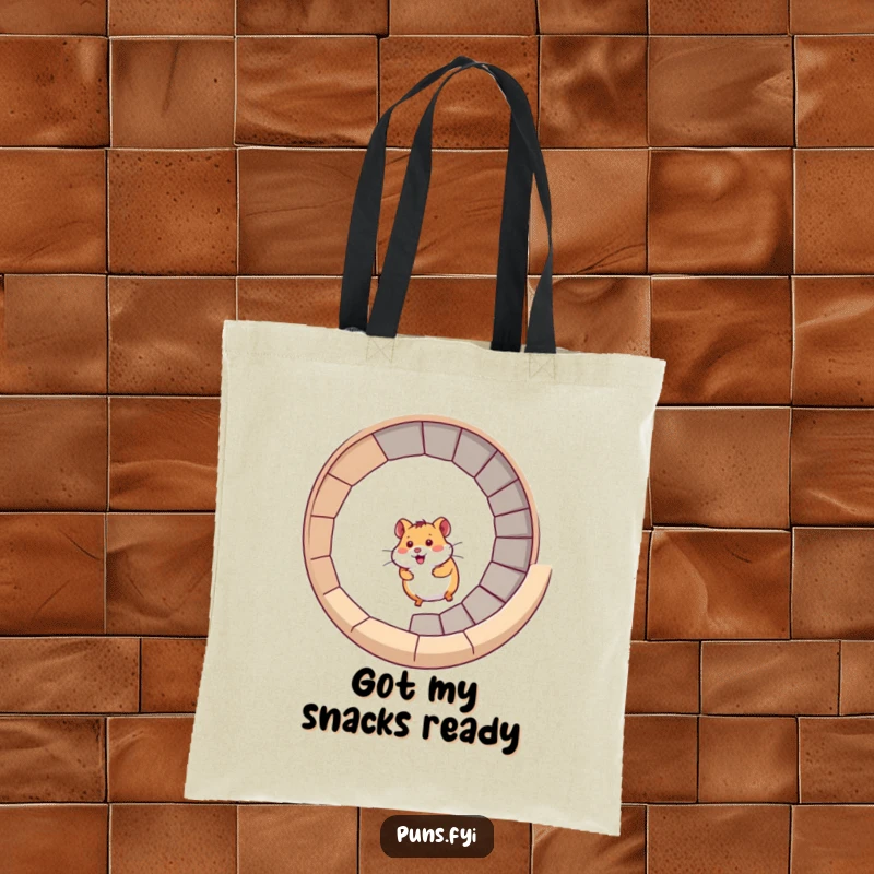 Funny hamster tote bag with a hamster racing up a spiral staircase, ideal for carrying items with energetic flair.