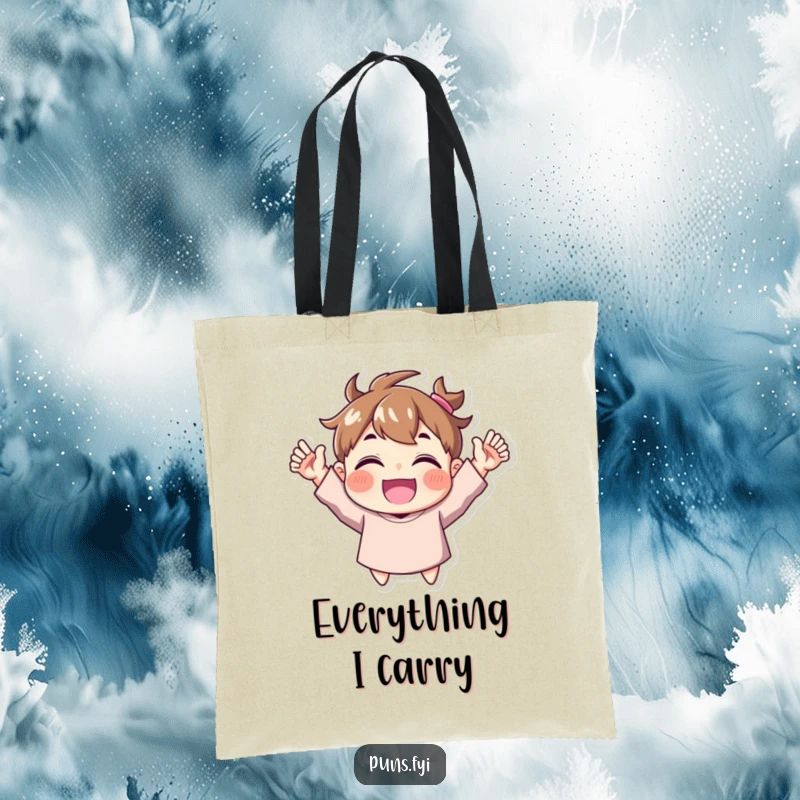 Funny Tote Bag: A character joyfully cheers with both hands raised high, making this bag a symbol of happiness and fun.