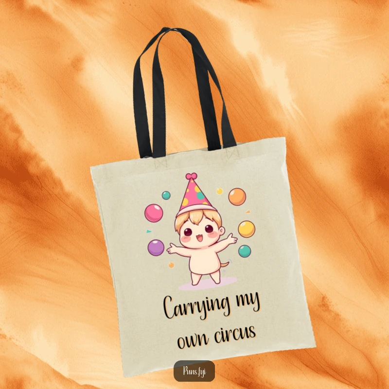 Funny Tote Bag showcasing a cute character in a party hat, enthusiastically juggling colorful balls, a festive and practical accessory.