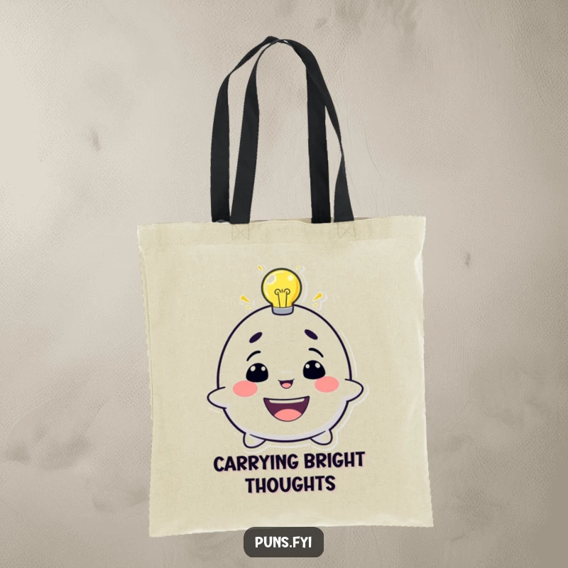 Funny tote bag featuring a grinning character with a bright lightbulb overhead, ready to hold all your bright ideas.