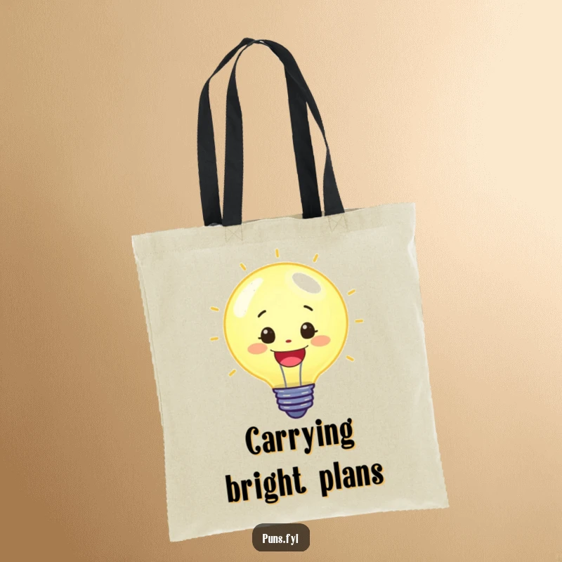 Funny tote bag featuring a cheerful lightbulb character with a bright glow, perfect for carrying essentials and showcasing bright ideas as a funny gift.