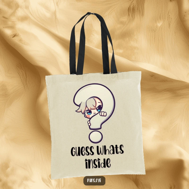 Funny Tote Bag: A character mischievously peeks from behind a large question mark, making it a fun and mysterious bag for everyday use.
