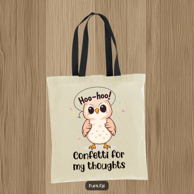 Funny tote bag with a cute owl character releasing 'Hoo-hoo!' confetti from its speech bubble, practical and humorous.