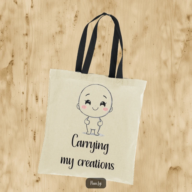 Funny tote bag with a smiling pencil character drawing a crooked line, symbolizing the joy and spontaneity of art creation.
