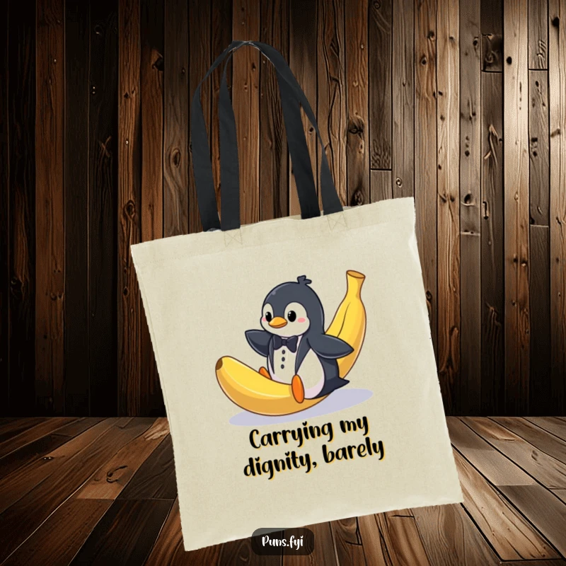 Funny tote bag featuring a penguin in a tuxedo comically slipping on a giant banana peel, ideal for stylishly carrying humor.