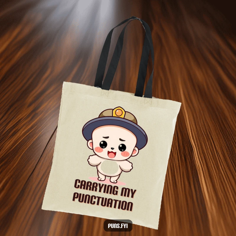 Funny tote bag showcasing a determined period character heroically landing after a lengthy sentence, celebrating literary accomplishment and style.