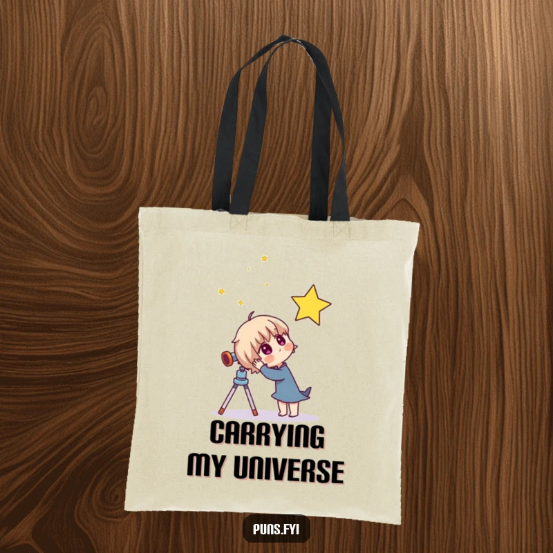 Funny tote bag showcasing a curious character with a telescope, gazing at a twinkling star, ideal for carrying books and dreams.