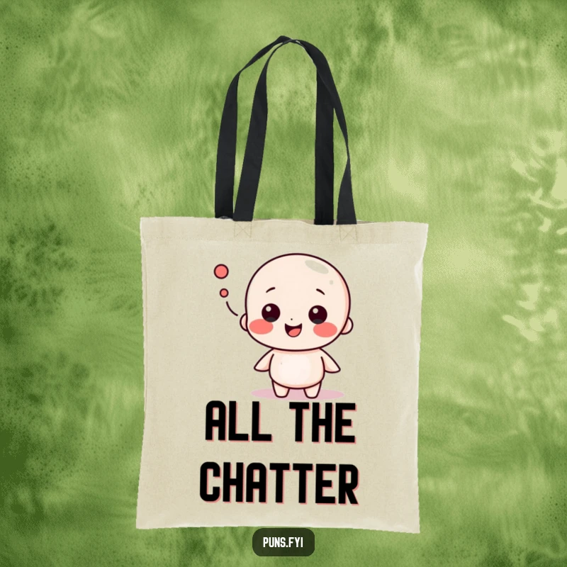 Funny tote bag featuring a playful speech bubble character in mid-conversation, ideal for carrying items and starting chats, a useful funny gift.