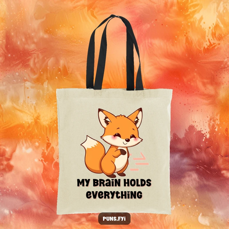 Funny fox tote bag with a smiling fox pointing at a maze, symbolizing intelligence and a quick wit for daily use.