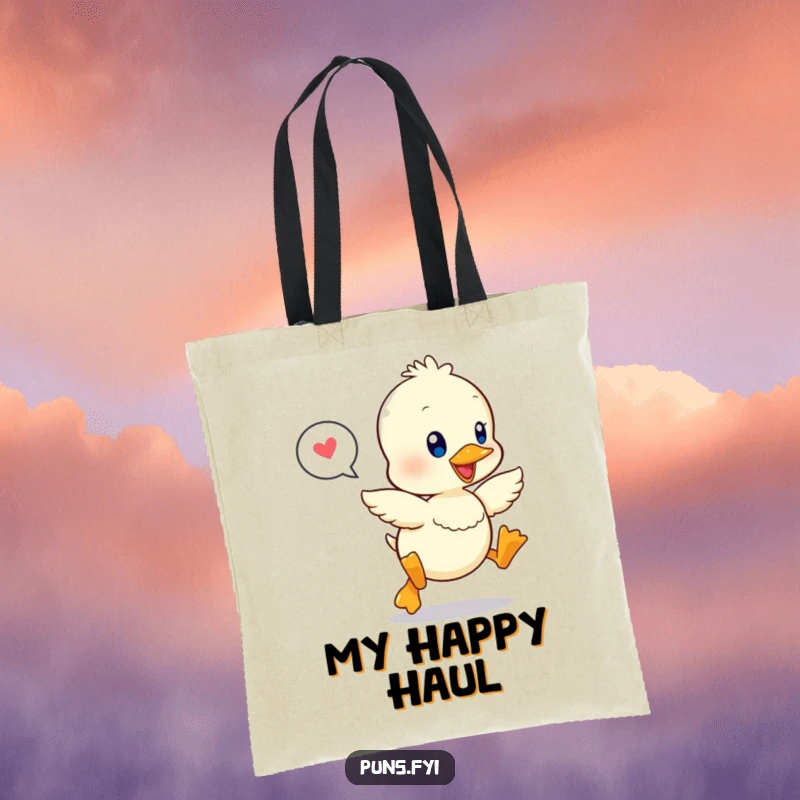 Funny tote bag featuring a kawaii duckling leaping happily, a speech bubble close by, perfect for carrying essentials with style.
