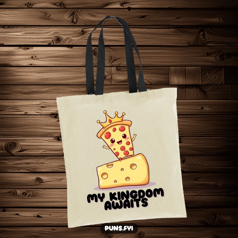 Funny tote bag illustrating a pizza slice wearing a crown and balancing on cheese, representing cheesy royalty and fun.