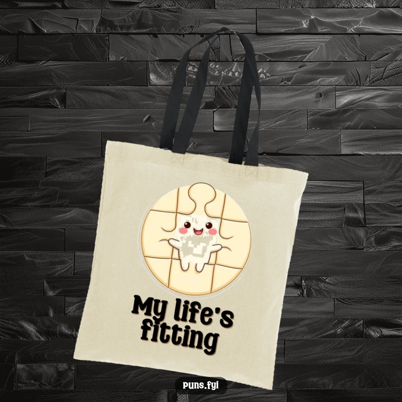 Funny tote bag with a happy puzzle piece character finding its perfect place within a larger shape, ready for errands.