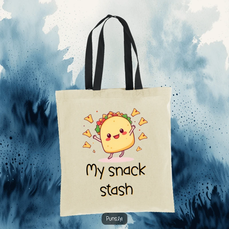 Funny tote bag showcasing a taco with tiny legs dancing, with nachos flying, ready to carry your fun essentials with flair.