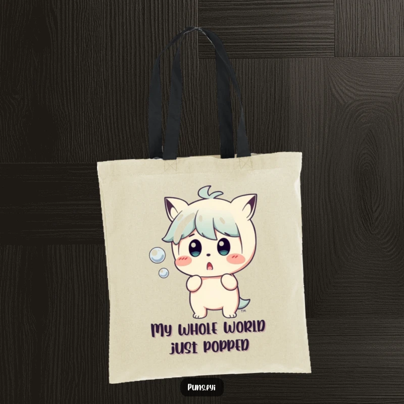 Funny Tote Bag: A character looks comically startled as a small bubble pops, showcasing a humorous moment for everyday use.